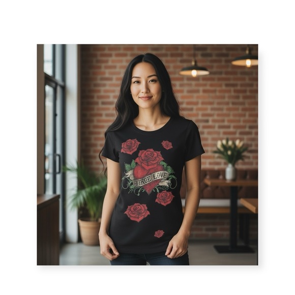 Y2K: Broken Heart ✿ Crystal Rose Tattoo Tee T Shirt ✿ Black Small ✿ Stretch Fit - Picture 15 of 16